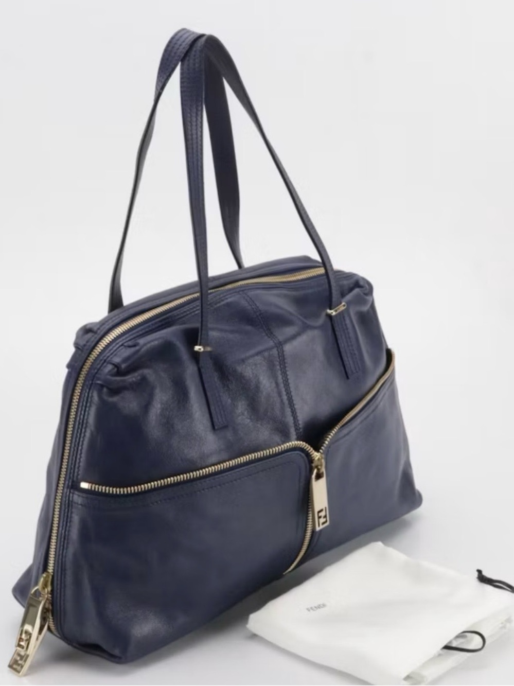 Fendi Zip Detail Navy Leather Double-Zip Shoulder Bag